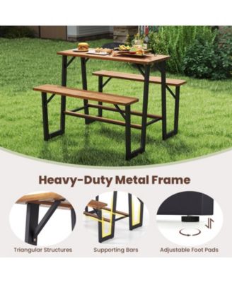 Outdoor Picnic Table for 4 Acacia Wood Rectangular Picnic Table w/ 2 Built-in Benches