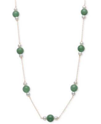 Macy's - Dyed Green Jade & Cultured Freshwater Pearl (4-5mm) 18" Collar Necklace in 10k Gold