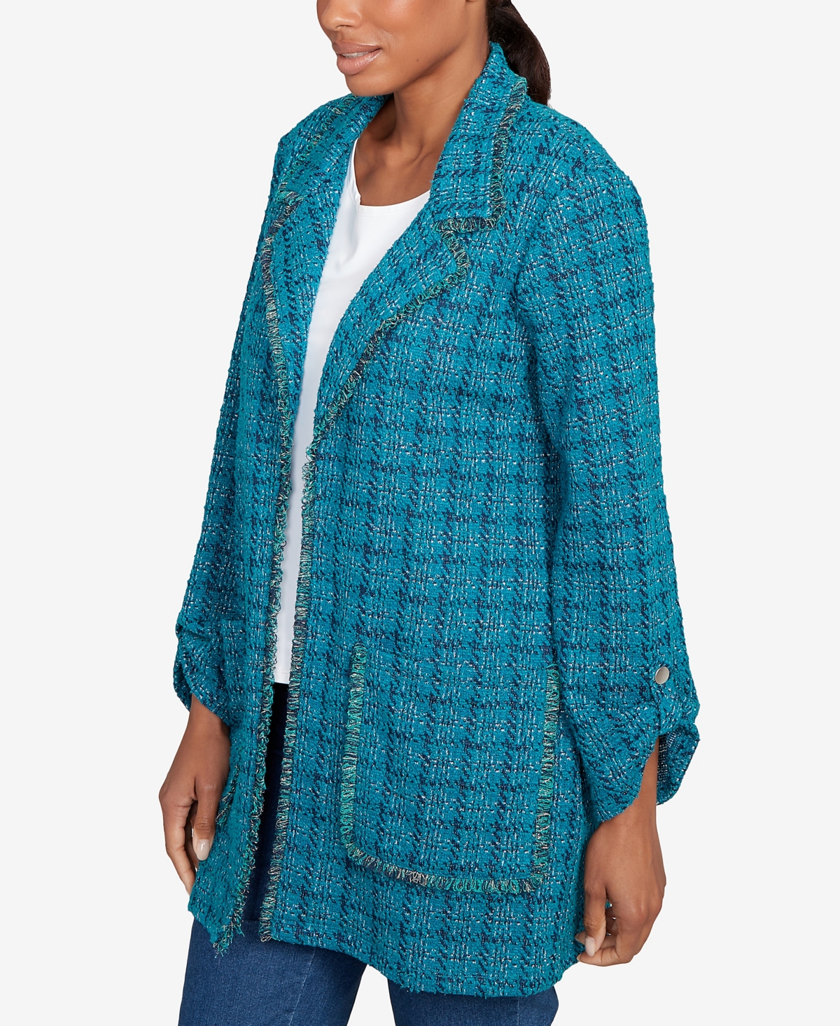 Ruby Rd. Petite Open Front Tweed Patch Pocket Jacket In Multi