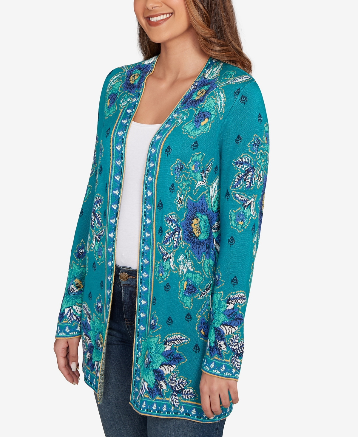 Ruby Rd. Petite Floral Open Front Cardigan Sweater In Black