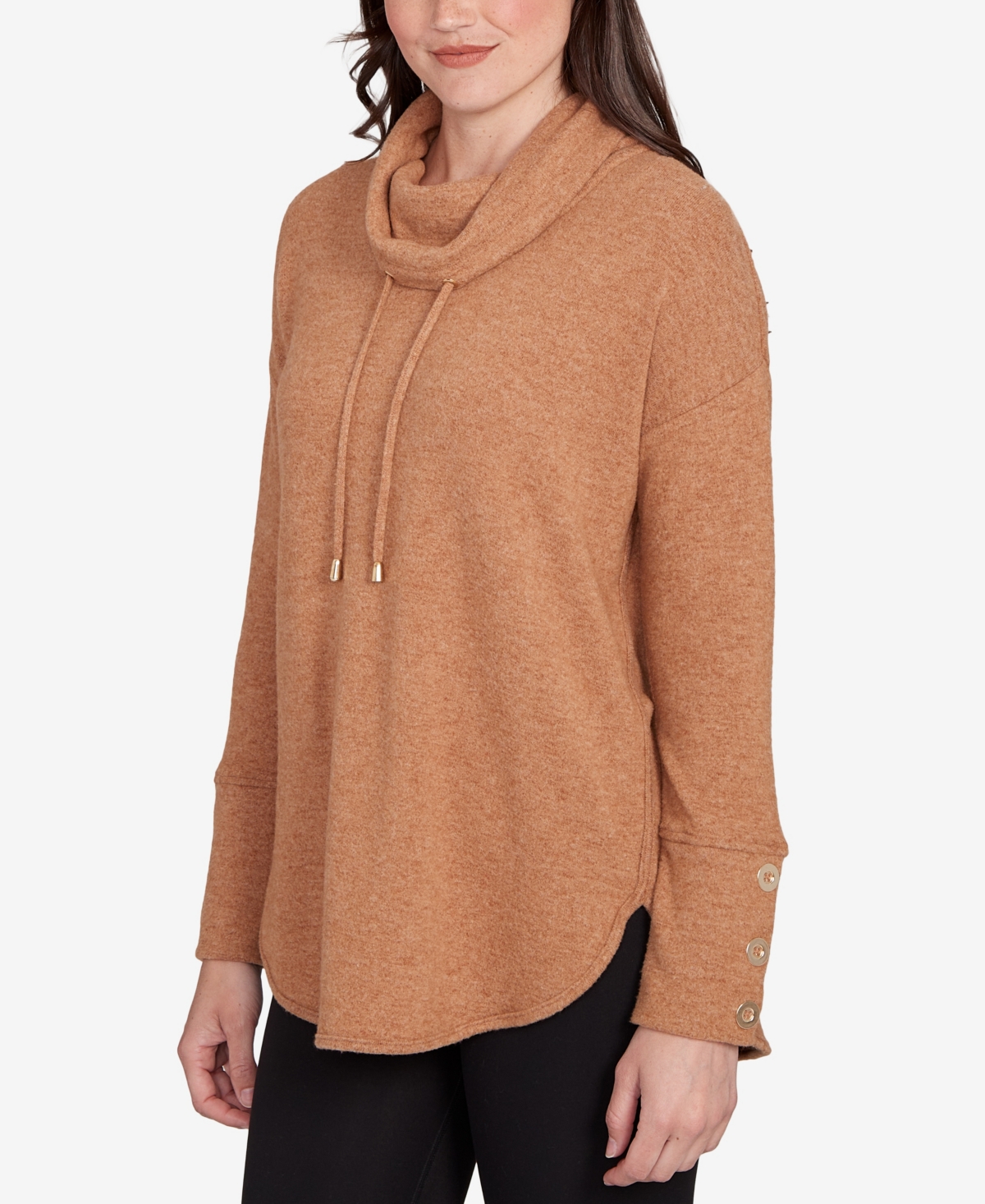 Ruby Rd. Petite Cozy Cowl Neck Drawstring Top In Brown