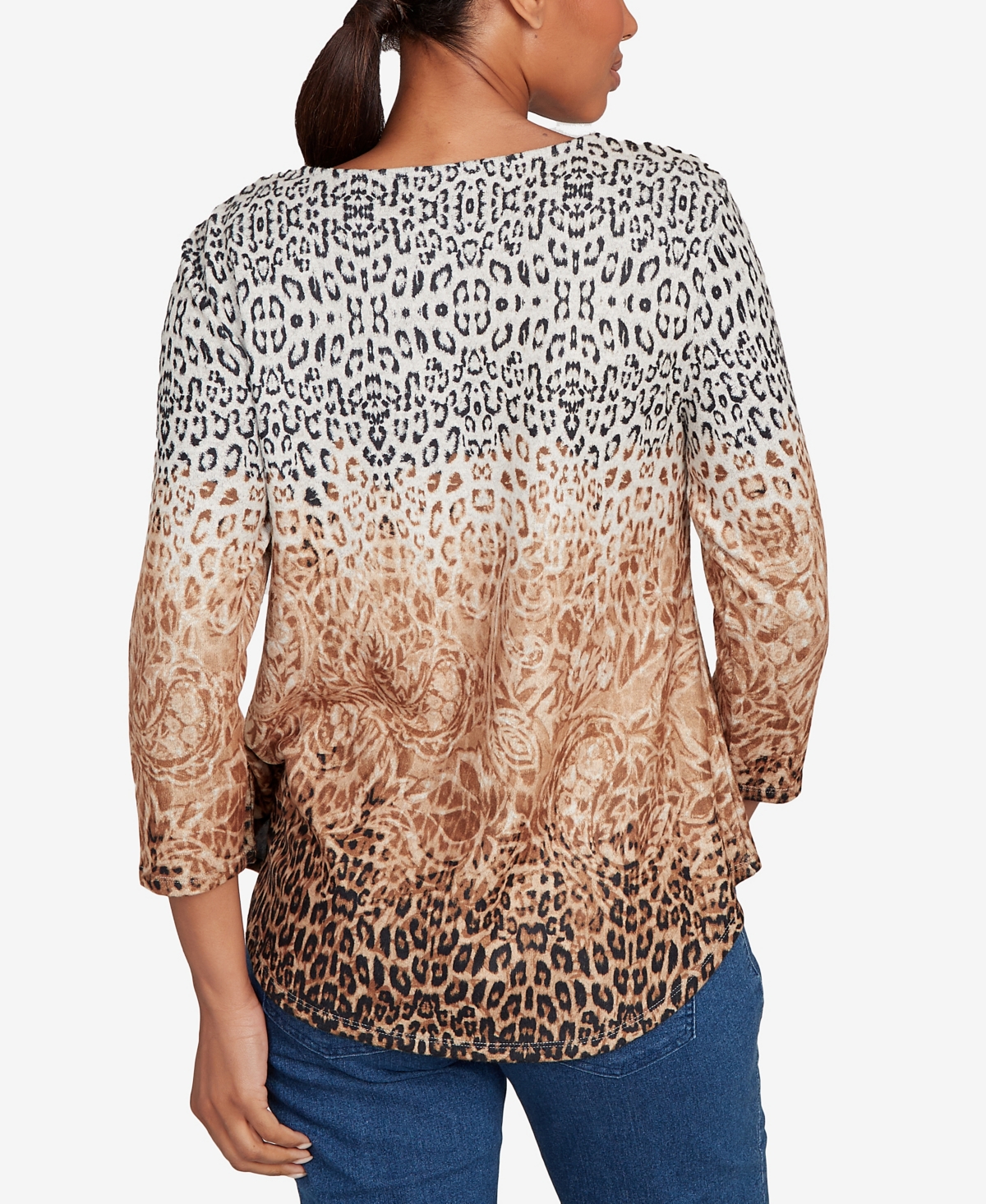 Ruby Rd. Petite Embellished Animal Print Cozy Top In Brown