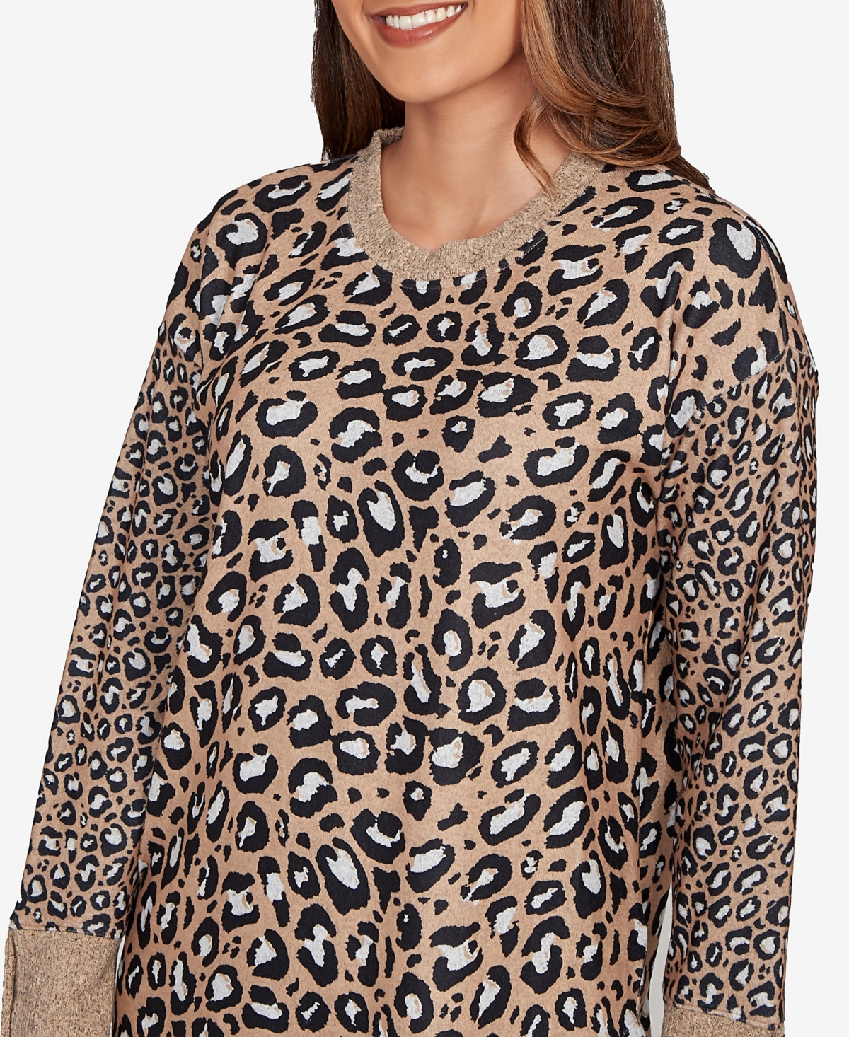 Ruby Rd. Petite Trimmed Cozy Animal Print Sweater In Brown