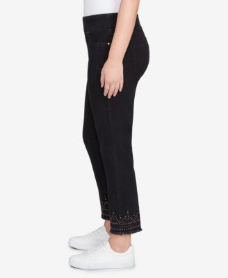 Petite Pull On Embroidered Hem Black Ankle Jeans