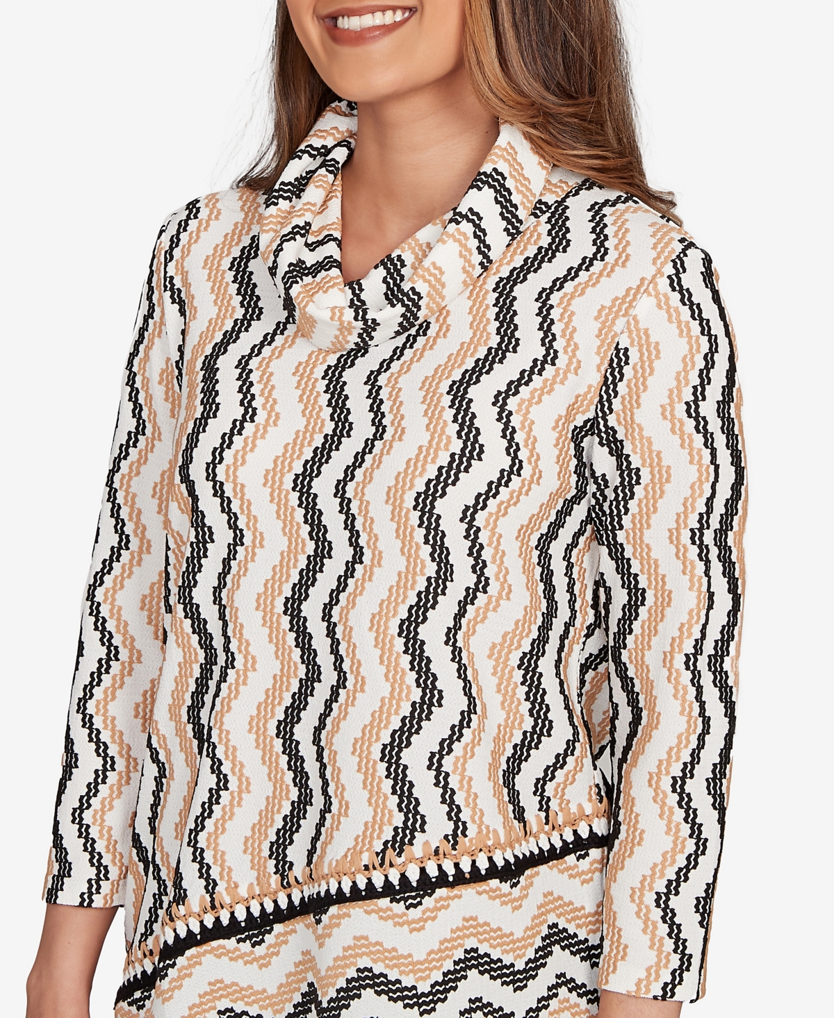 Ruby Rd. Petite Cowl Neck Zigzig Textured Knit Top In Animal Print