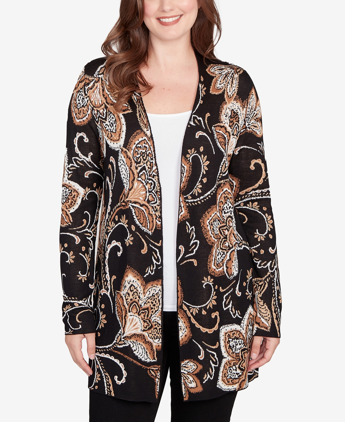 Ruby Rd. Petite Floral Jacquard Cardigan Sweater In Black
