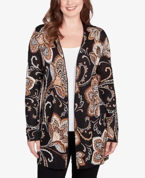 Petite Floral Jacquard Cardigan Sweater  - Black Multi