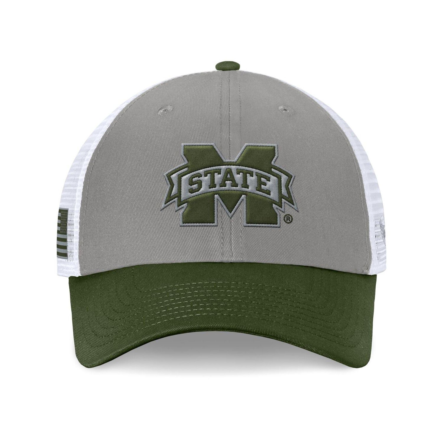 Men's Gray/Green Mississippi State Bulldogs OHT Military Appreciation Badge Trucker Adjustable Hat