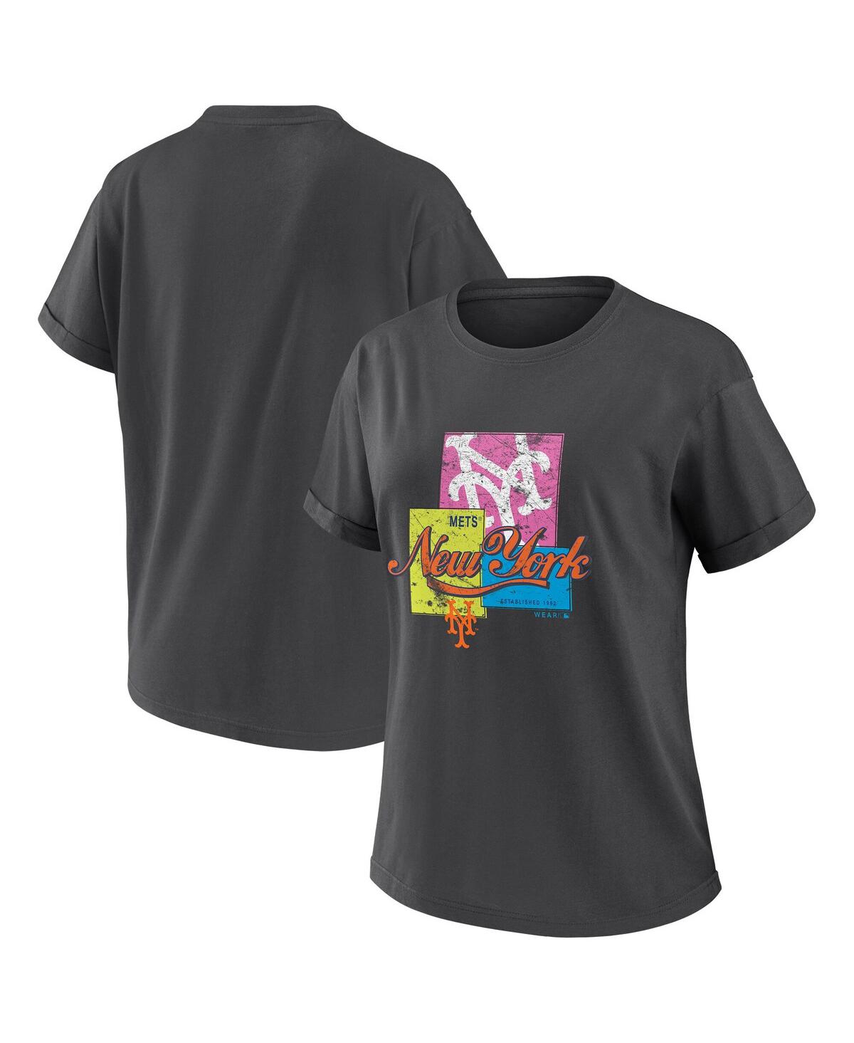 Wear By Erin Andrews Women's Charcoal New York Mets Domestic Box Color Boyfriend T-shirt In Black