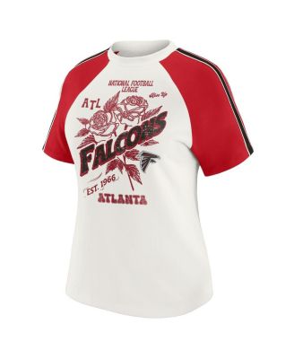 Women's White Atlanta Falcons Sleeve Stripe Distressed Raglan T-Shirt
