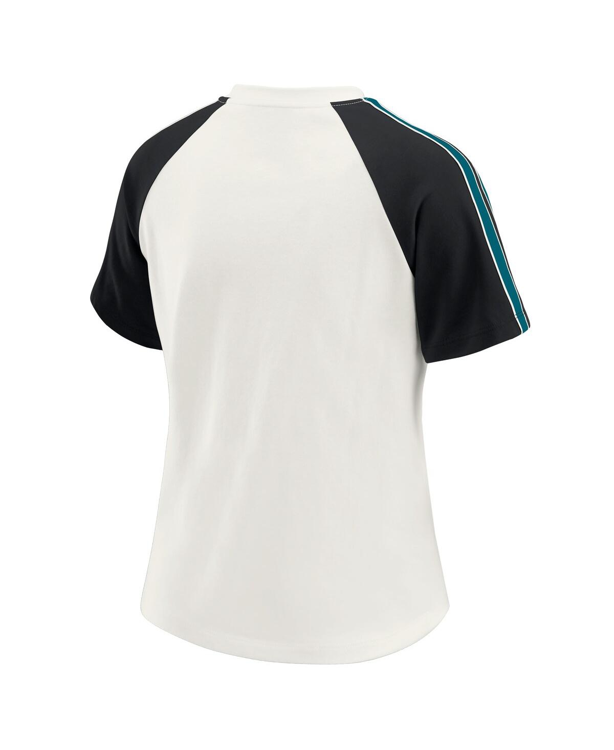 Wear By Erin Andrews Women's White Jacksonville Jaguars Sleeve Stripe Distressed Raglan T-shirt In White