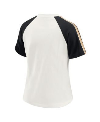 Women's White New Orleans Saints Sleeve Stripe Distressed Raglan T-Shirt