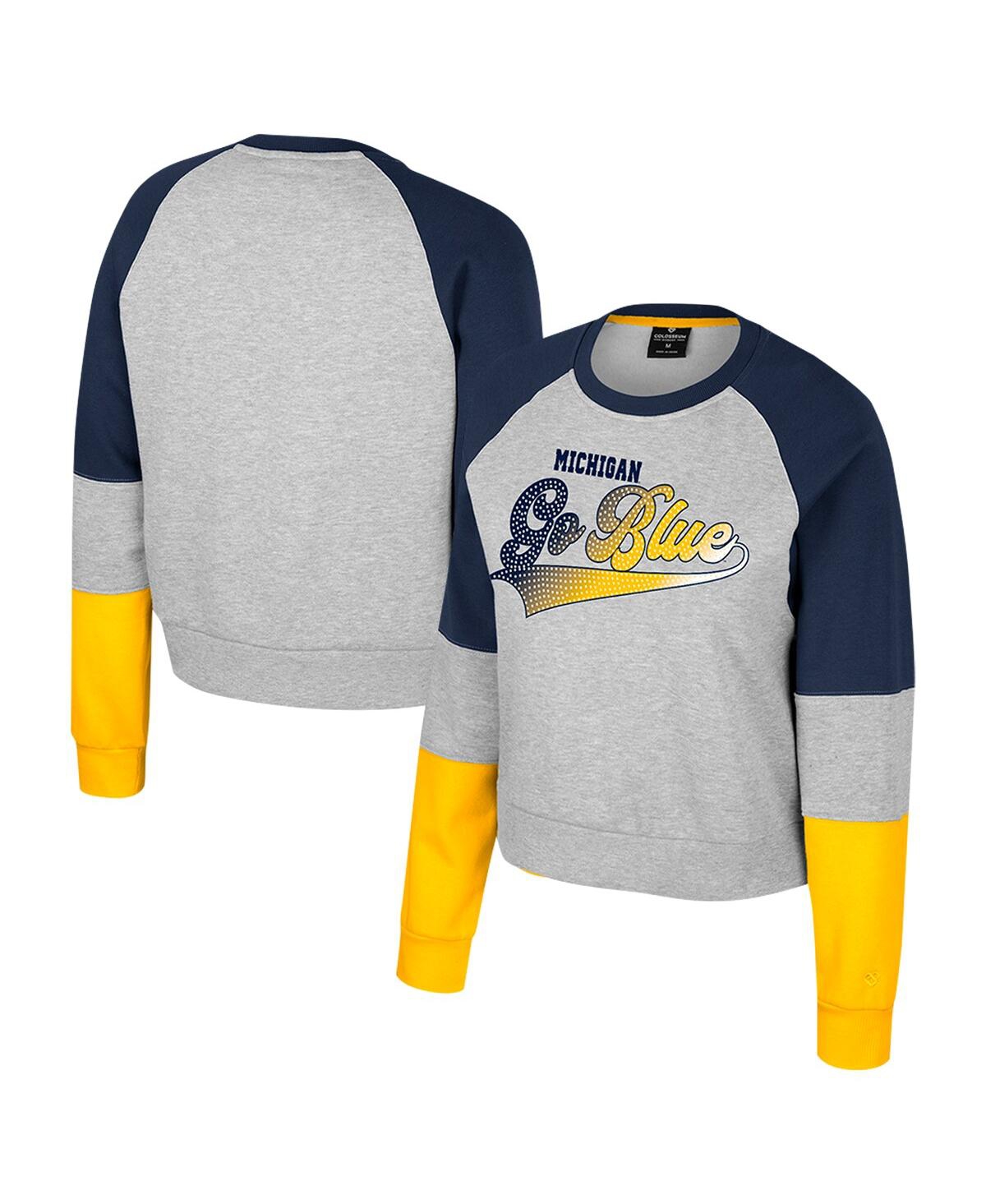 Colosseum Women's Heather Gray Michigan Wolverines Katinka Rhinestone Scoop Neck Pullover Sweatshirt In Multi