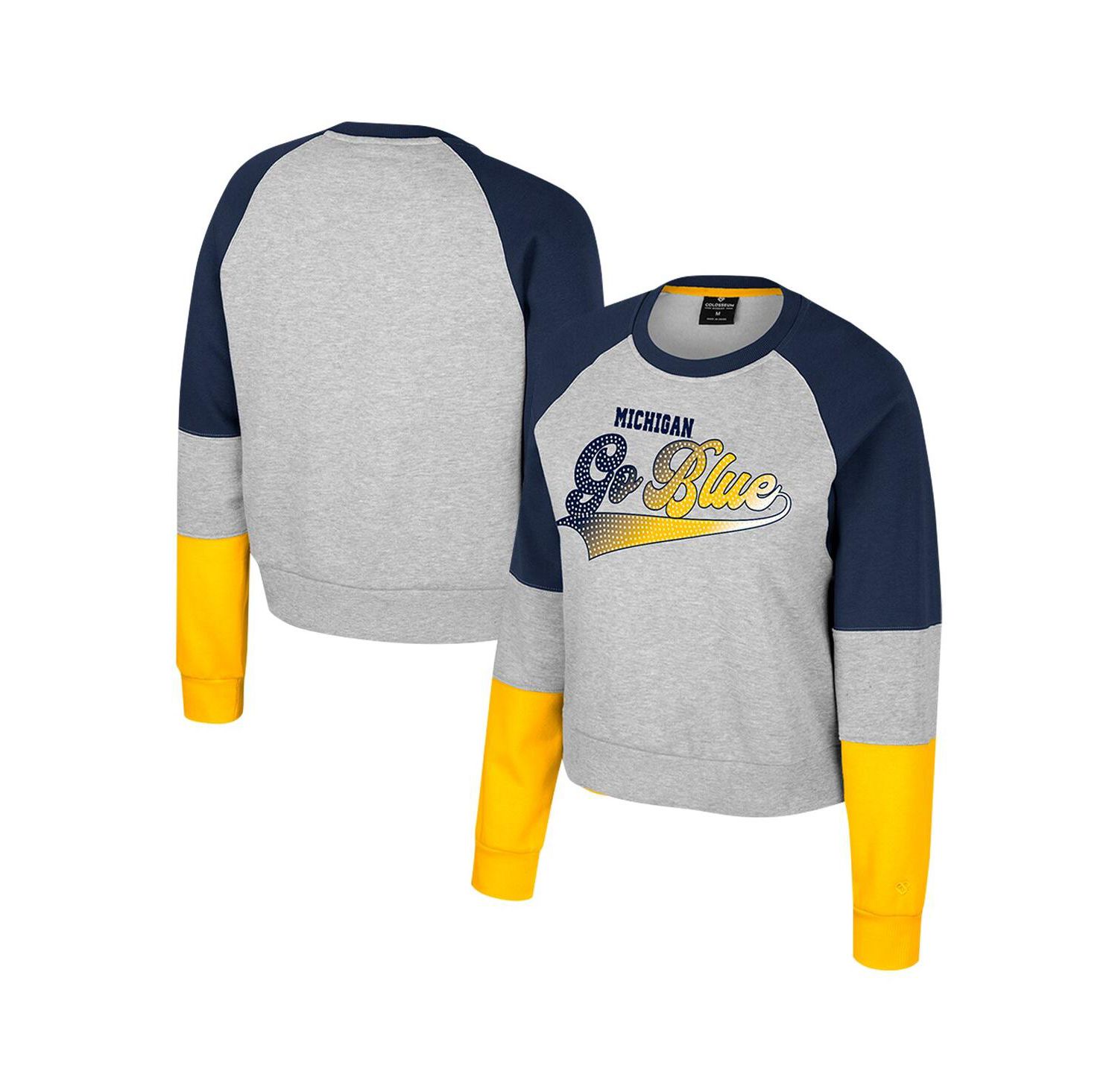 Women's Heather Gray Michigan Wolverines Katinka Rhinestone Scoop Neck Pullover Sweatshirt