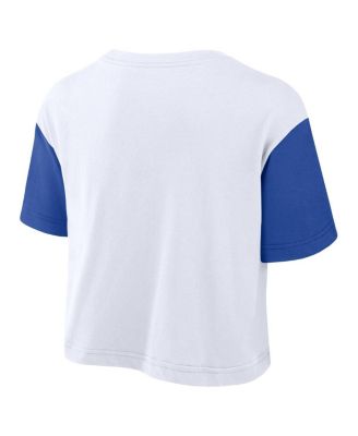 Women's White/Royal Kentucky Wildcats Color Block Script Performance Cropped T-Shirt