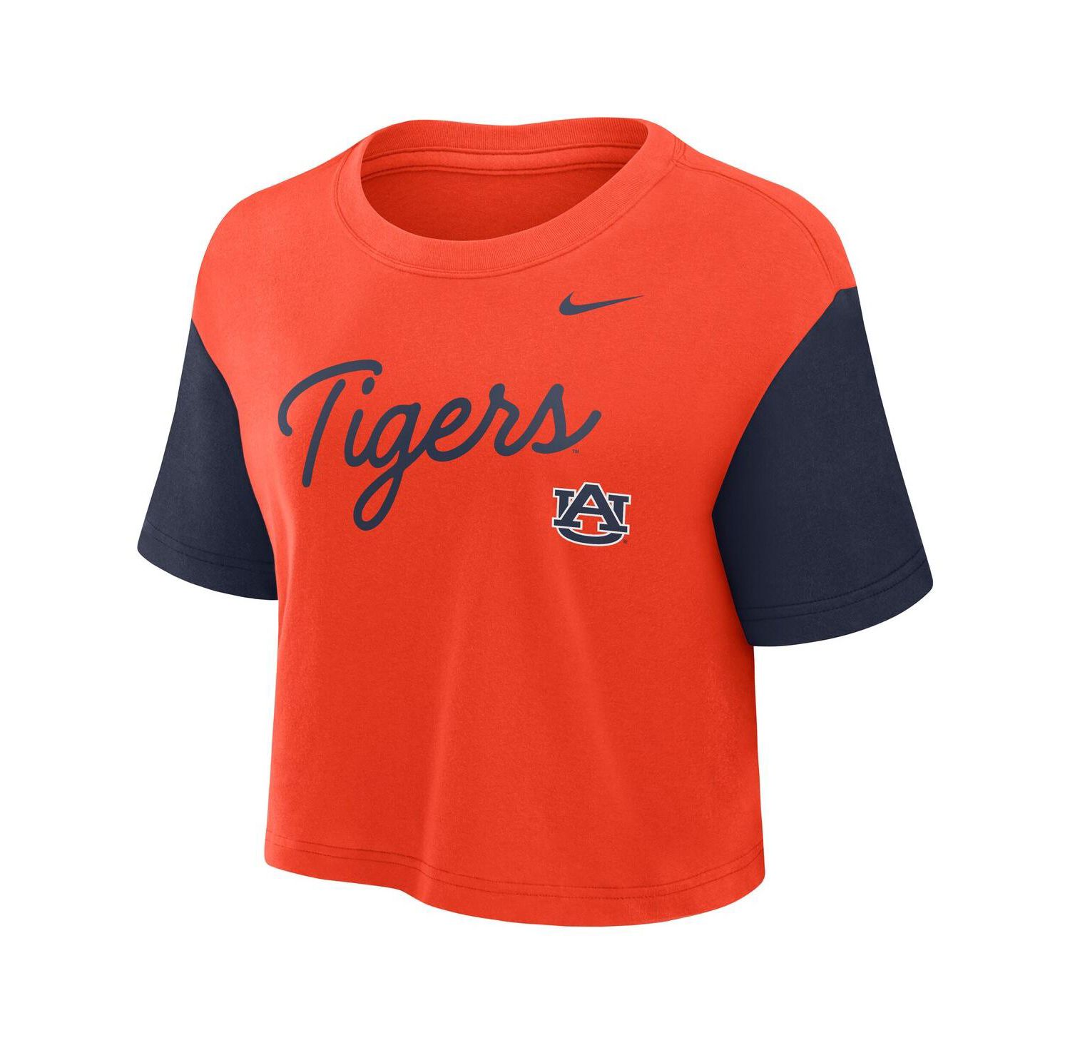 Women's Orange/Navy Auburn Tigers Color Block Script Cropped T-Shirt