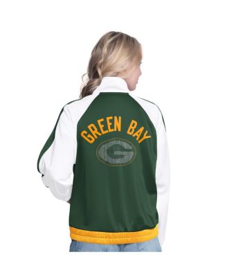 Women's White/Green Green Bay Packers Rally Rhinestone Full-Zip Track Jacket