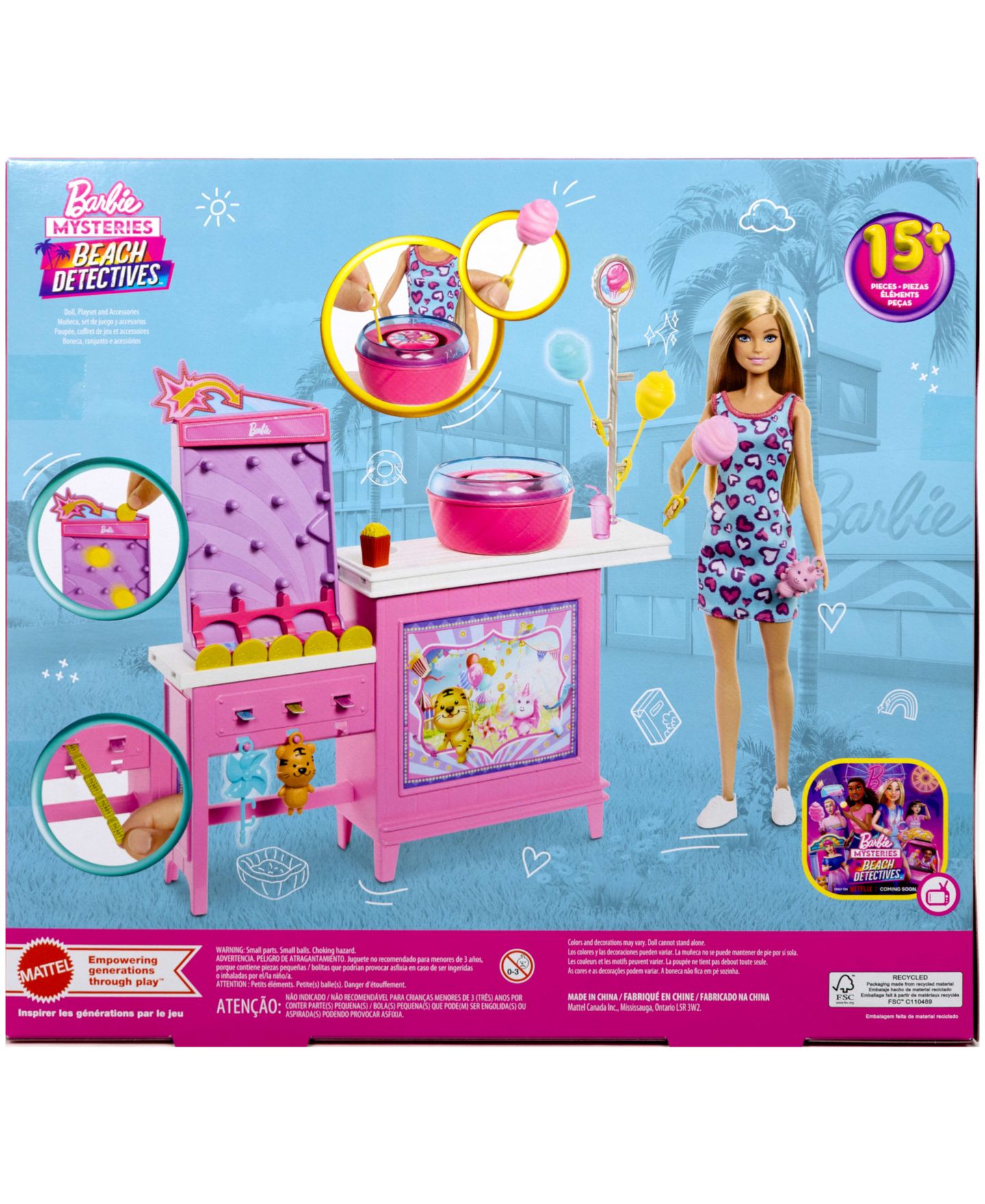 Детская кукла Barbie Beach Detectives Malibu Fashion Doll with Game Booth and Cotton Candy Machine, Ages 3+ — фото 5