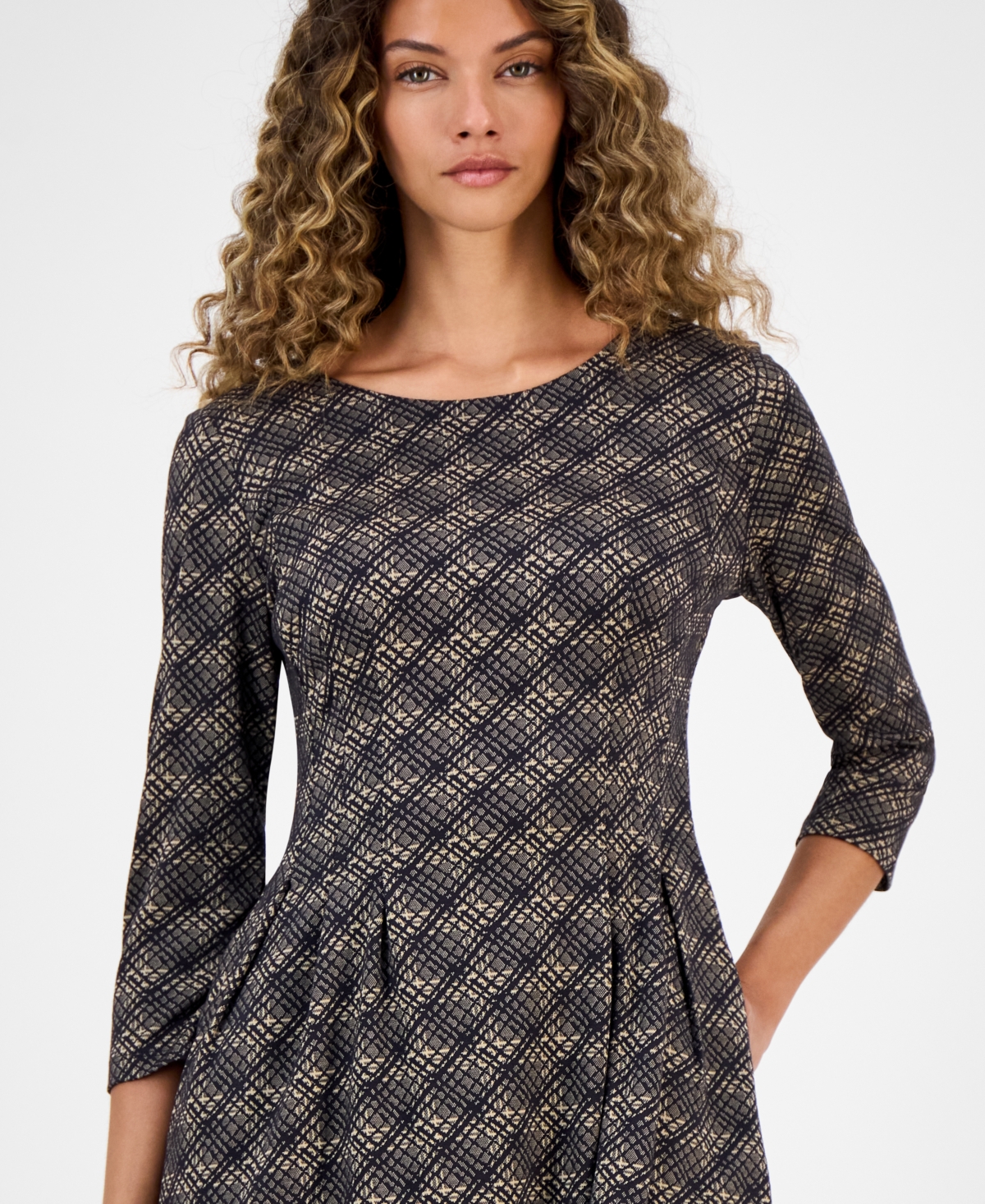 Connected Women's Printed Round-neck Fit & Flare Dress In Neutral
