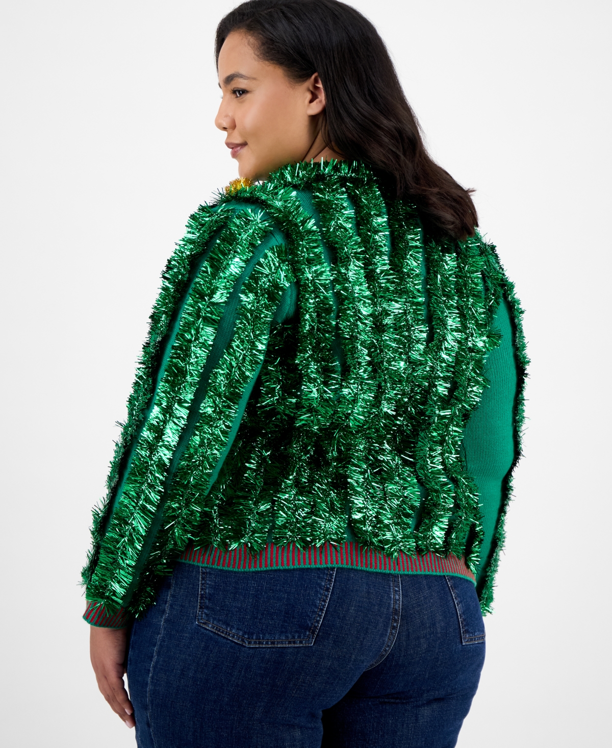 It's Our Time Trendy Plus Cropped Tinsel Long-sleeve Cardigan In Green