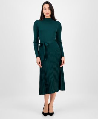 Sandra Darren - Women's Tie-Front Pleated Mock-Neck Sweater Dress