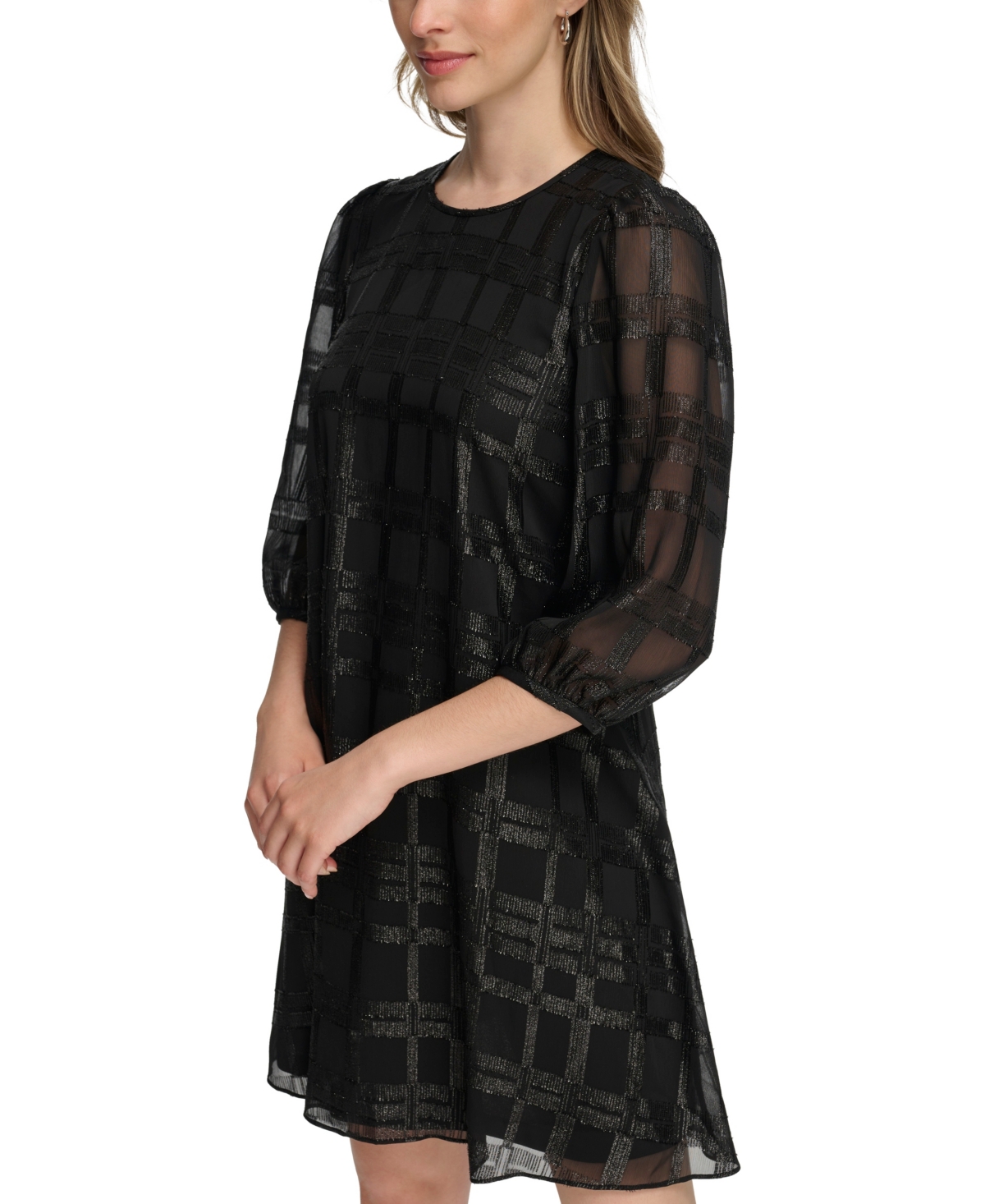Calvin Klein Dress Women's Black Glitter Chiffon Puff Sleeve A-line Buu994 In Black