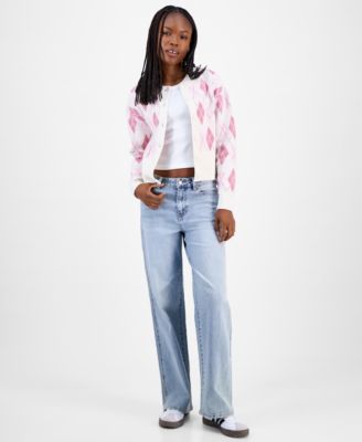Juniors' Argyle Crewneck High-Rib Cardigan