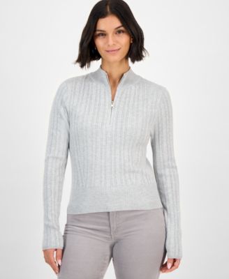 Juniors' Variegated Rib-Knit Half-Zip Sweater 