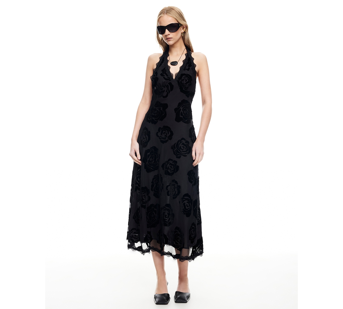 Lioness Stars Align Halterneck Lace Trim Open Back Devore Dress In Black