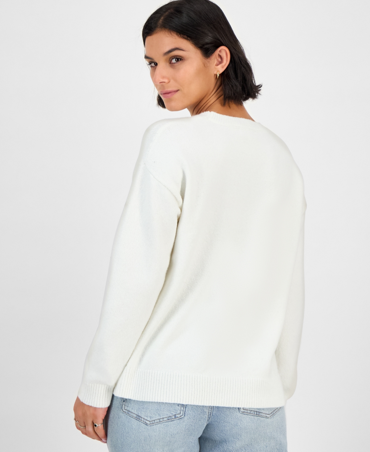 Hooked Up By Iot Juniors' Mossy Dog Intarsia-knit Crewneck Sweater In White