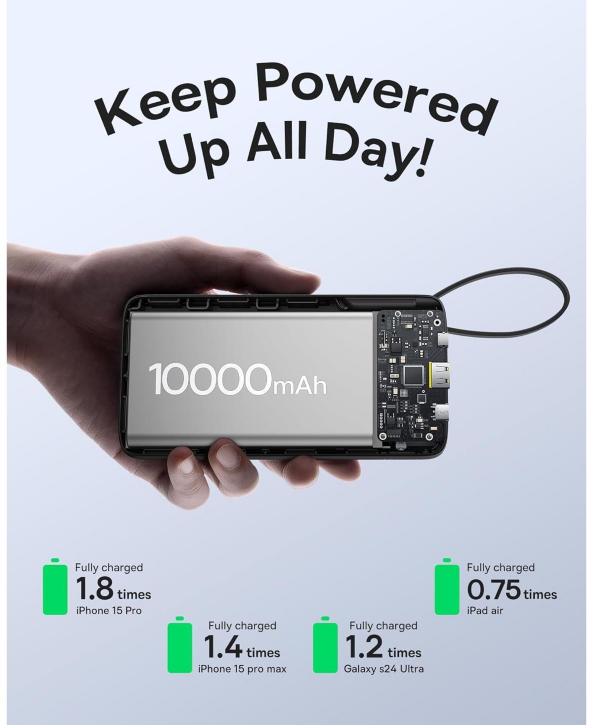 Baseus Portable Charger, 20W Pd Fast Charging 10000mAh Power Bank, Built-in Braided Usb C Cable Battery Pack, Travel Essentials Portable Phone Charger