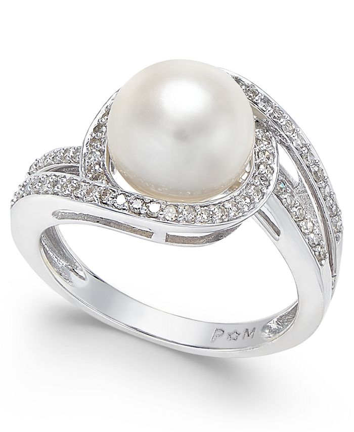 Macy's - White Cultured Pearl (9mm) and Diamond (1/3 ct. t.w.) Swirl Ring in 14k White Gold