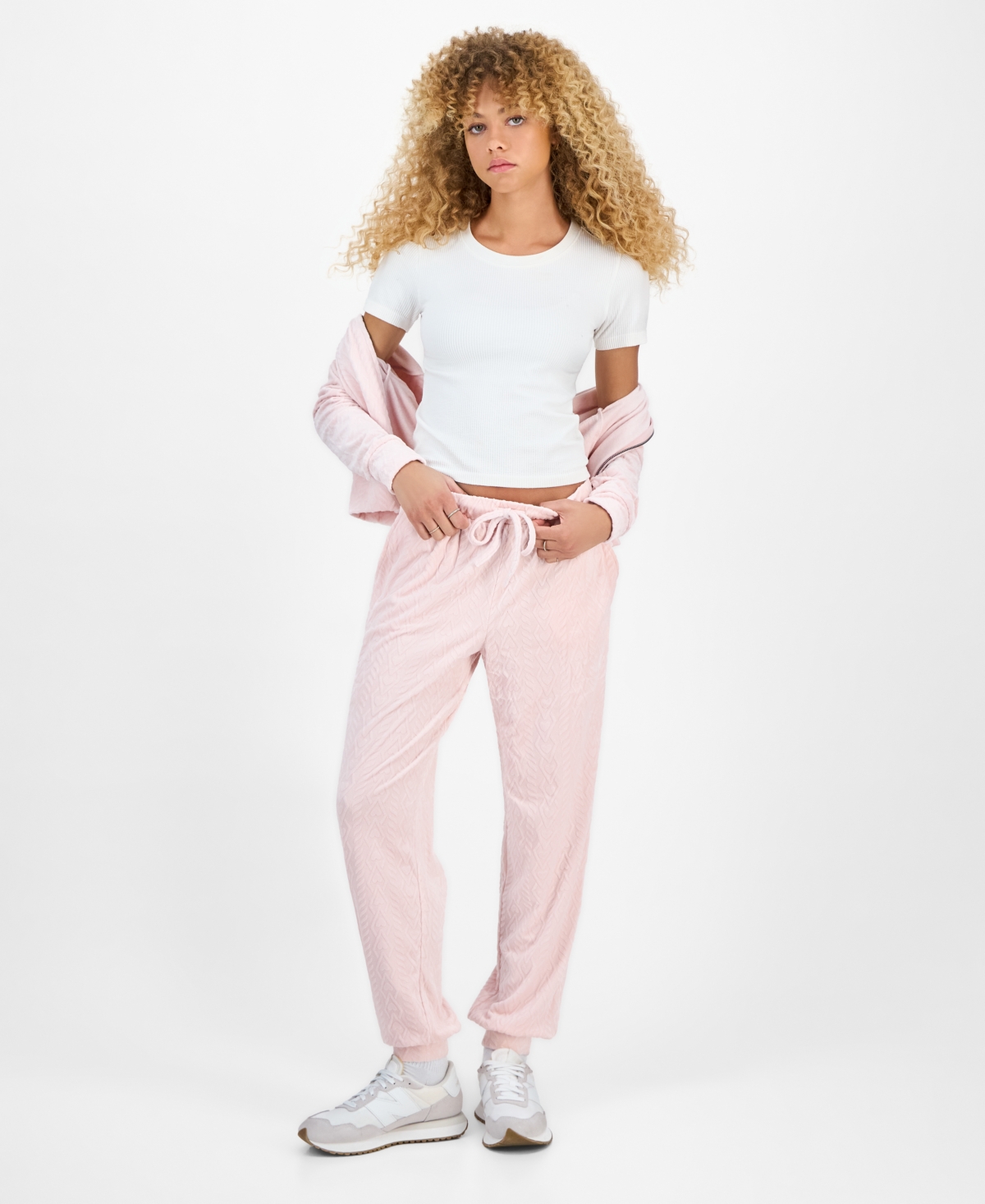 Hippie Rose Juniors' Cable Knit Heart Velour Jogger Pants In Pink