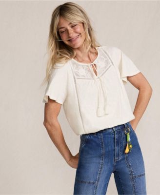 Women's Slub Flutter Sleeve Lace Trim Notch Neck Tunic Top