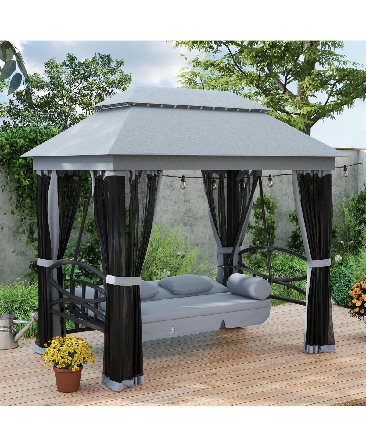 Outsunny 3-Seat Patio Swing Chair, Gazebo Swing with Mesh Sidewalls,