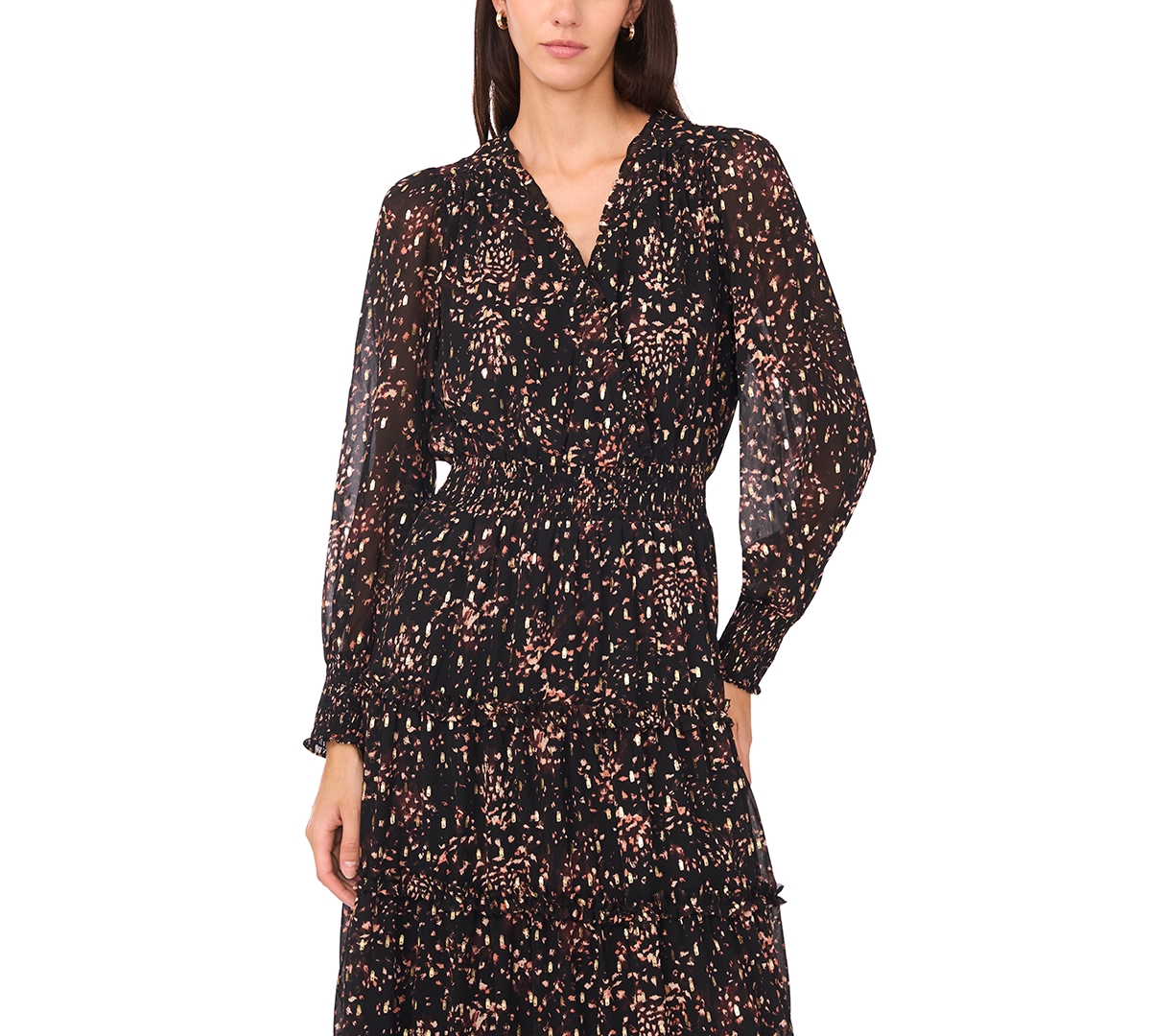 Msk Women's Long Sleeves Smocked Waist Tiered Maxi Dress In Multi