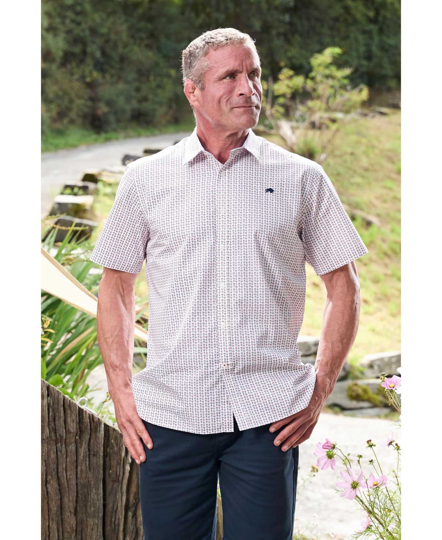 Men's Short Sleeve Flower Cotton Poplin Shirt