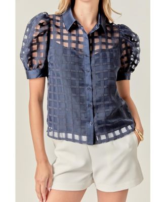 Women's Short Sleeve Organza Grid Blouse