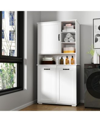 Laundry Cabinet with Doors, Tilt-Out Hamper, Open and Adjustable Shelves