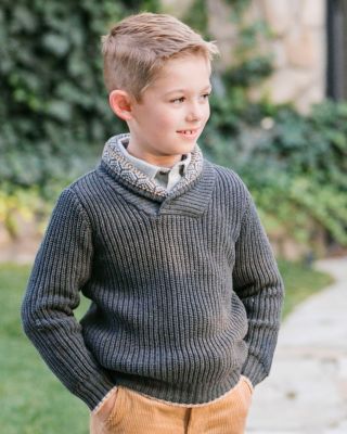 Boys Organic Long Sleeve Shawl Collar Sweater with Intarsia Detail