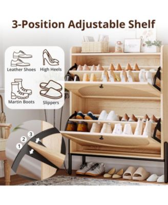 Shoe Cabinet Storage with 2 Flip Drawers, Oak