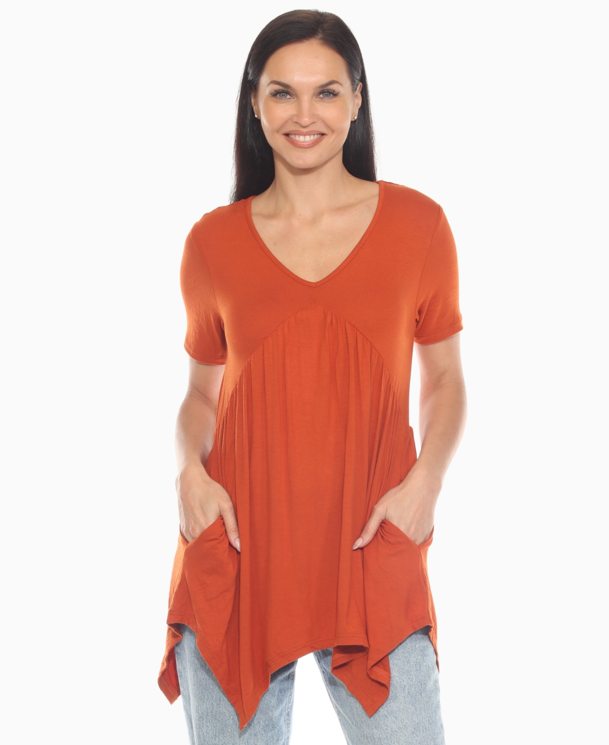 White Mark Women's Short Sleeve Shirred Front Knit Tunic Top In Orange