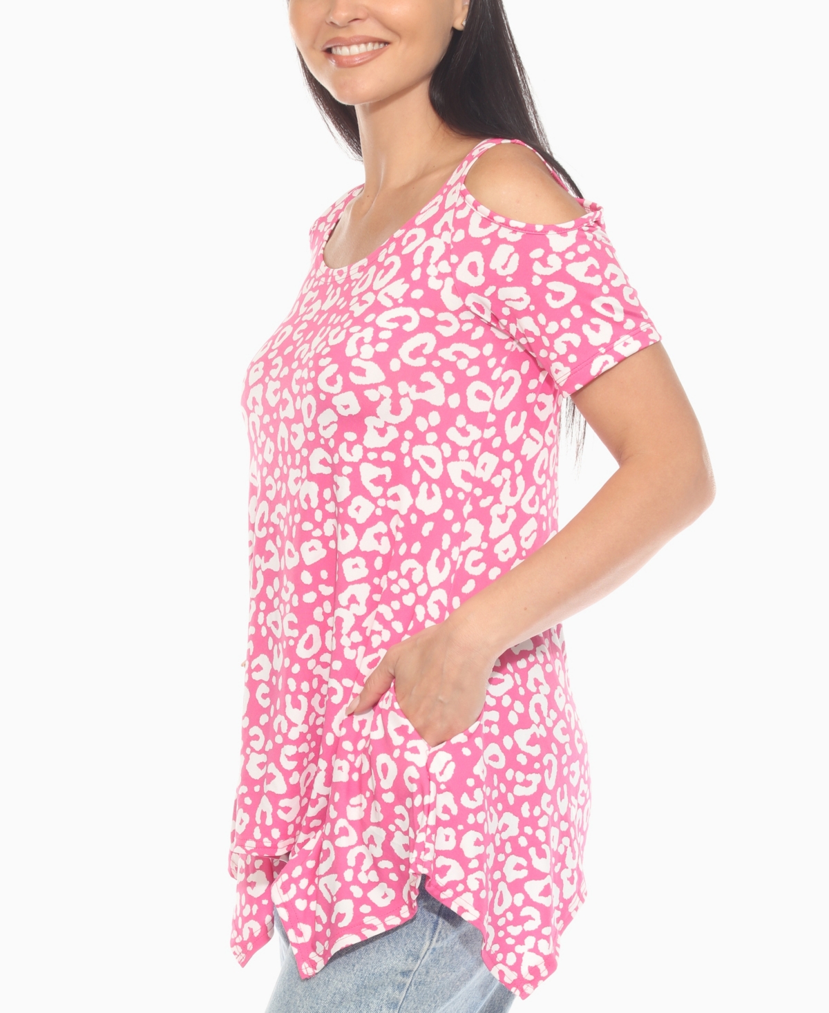 White Mark Plus Size Leopard Cold Shoulder Tunic Top In Pink