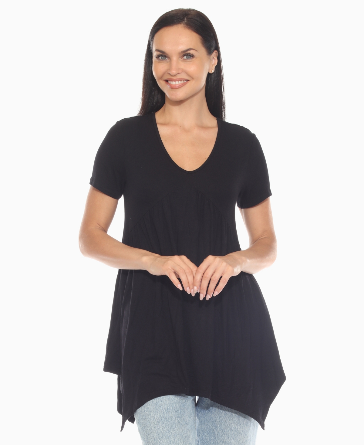 White Mark Women's Short Sleeve Shirred Front Knit Tunic Top In Black