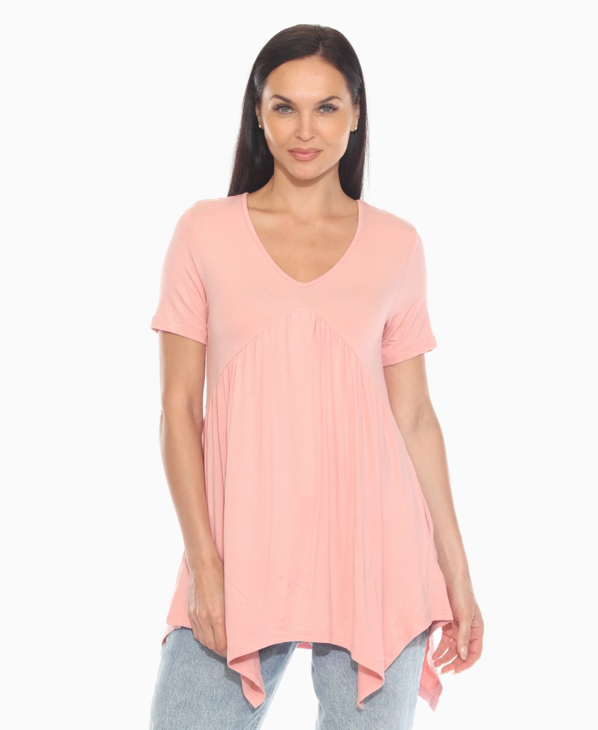 White Mark Women's Short Sleeve Shirred Front Knit Tunic Top In Pink