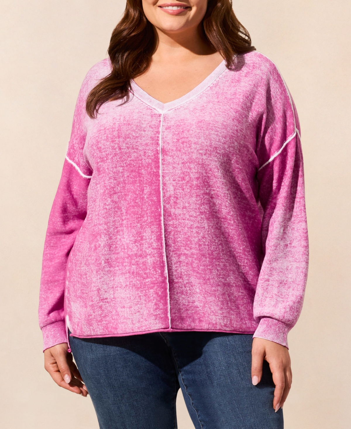 Tribal Plus Size Special Wash Long Sleeve V-Neck Sweater