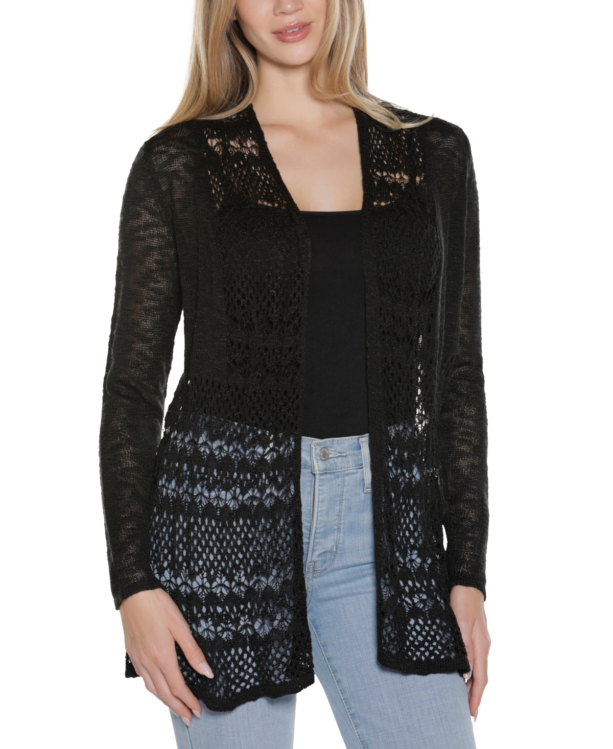 Belldini Plus Size Open-front Pointelle-trim Cardigan Sweater In Black