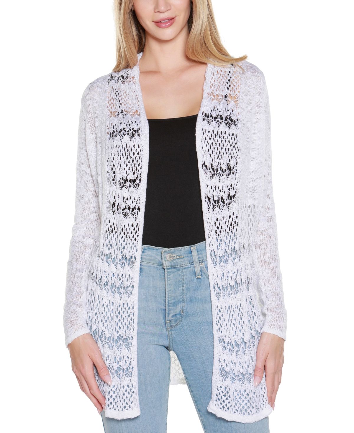 Belldini Women's Open-front Pointelle-trim Cardigan Sweater In White