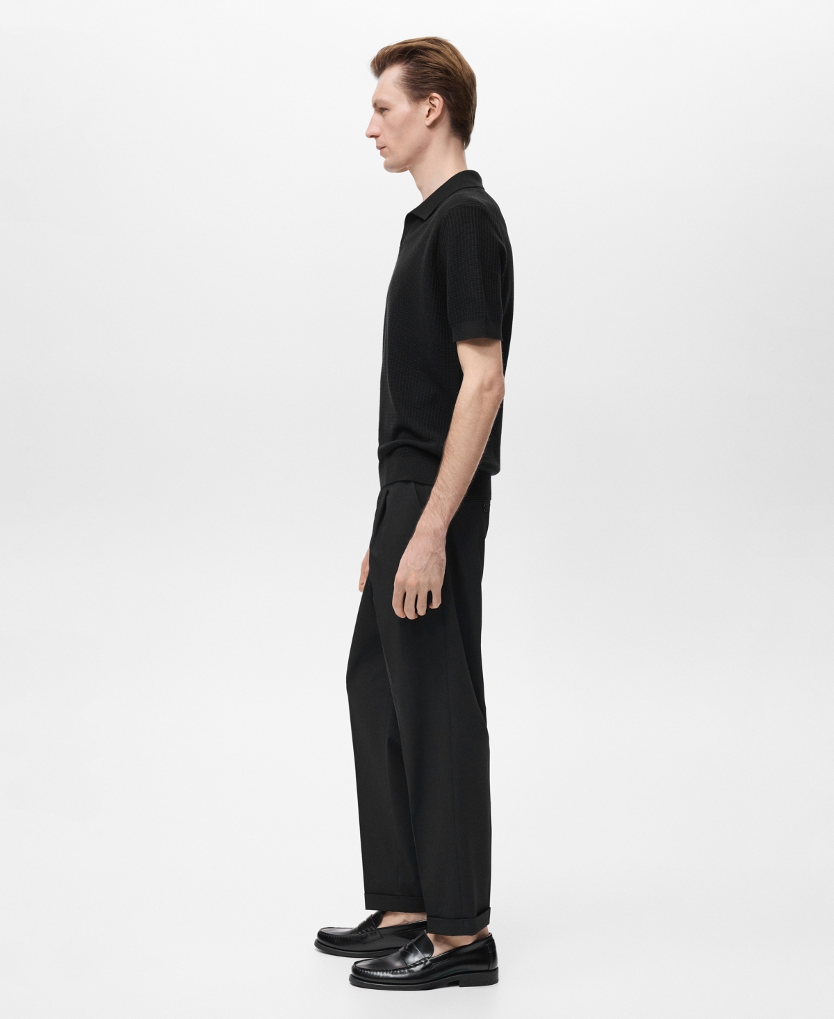 Mango Structured Fine Knit Polo In Black