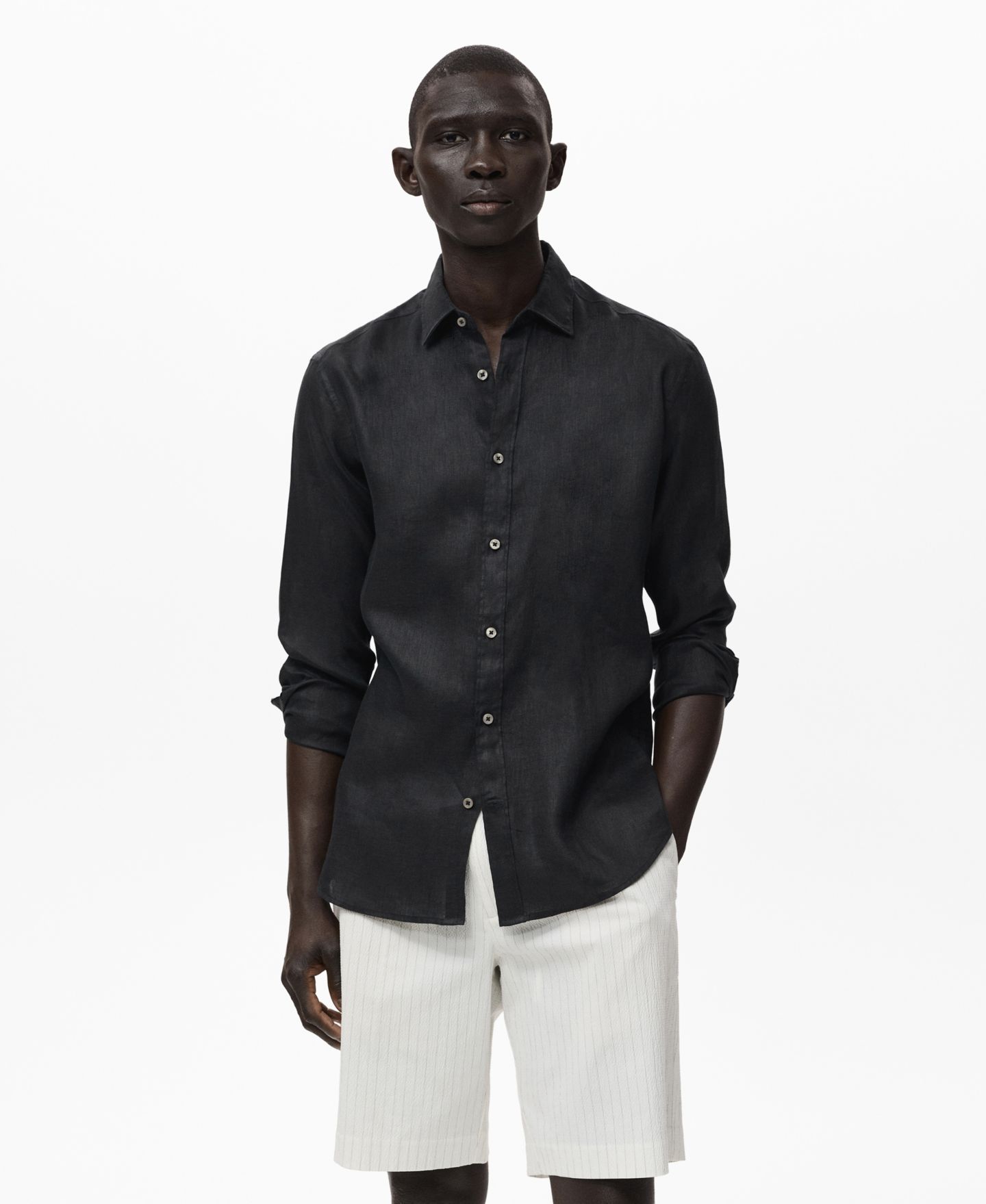 Мужская рубашка Mango Linen Long Sleeve, цвет: Чёрный — фото 1
